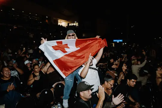 Fan waving the Tonga flag in a packed concert crowd