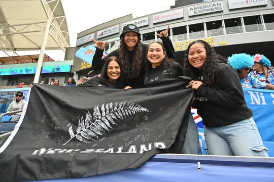 Fans with a New Zealand silver fern flag in the stands